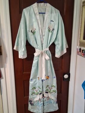 Embroidered Mint Satin Kimono Robe with Crane & Bird Motif